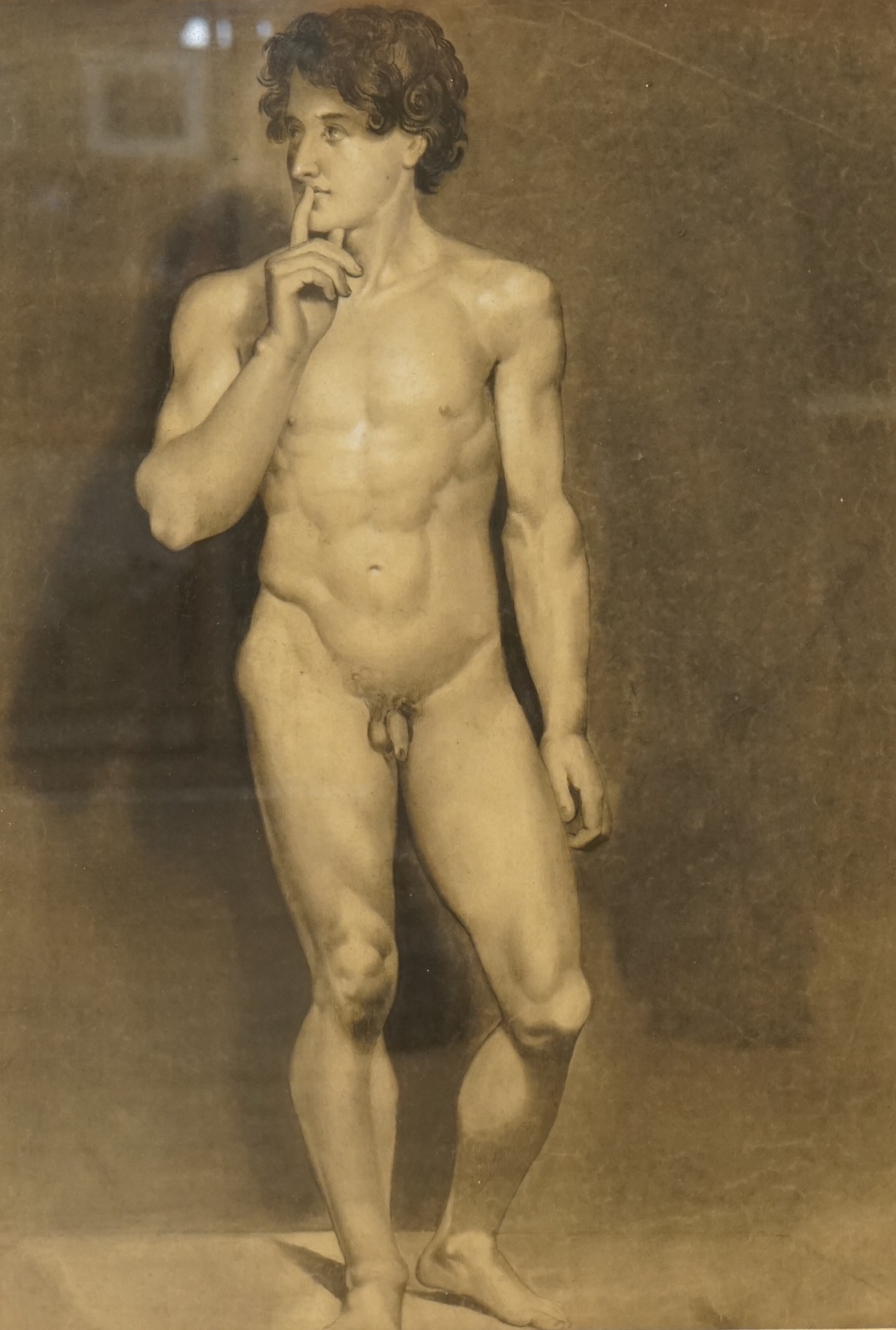 Late 19th century school, Study of a standing nude male, heightened charcoal, 60 x 40cm